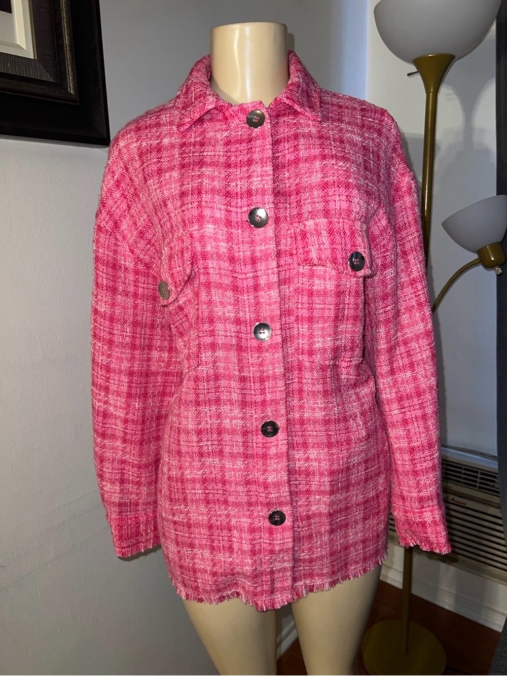 Zara Pink Plaid Bouclé Button-Front Jacket